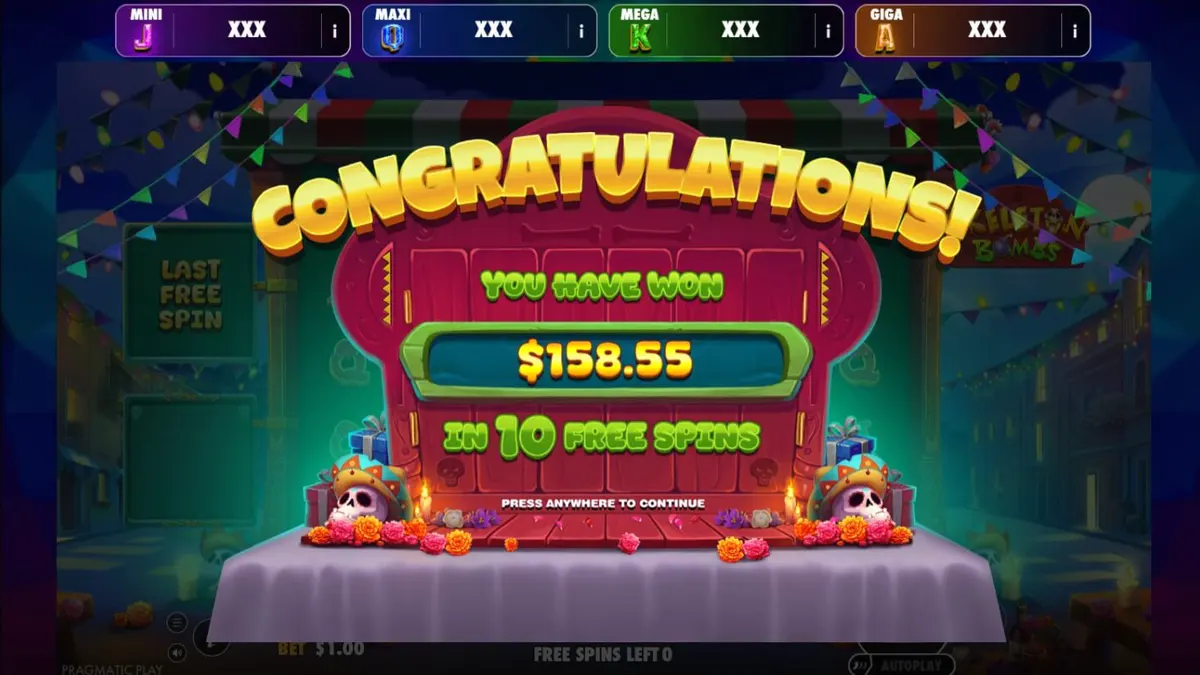Cena de jogo do slot Skeleton Bombs com caveiras coloridas e multiplicadores